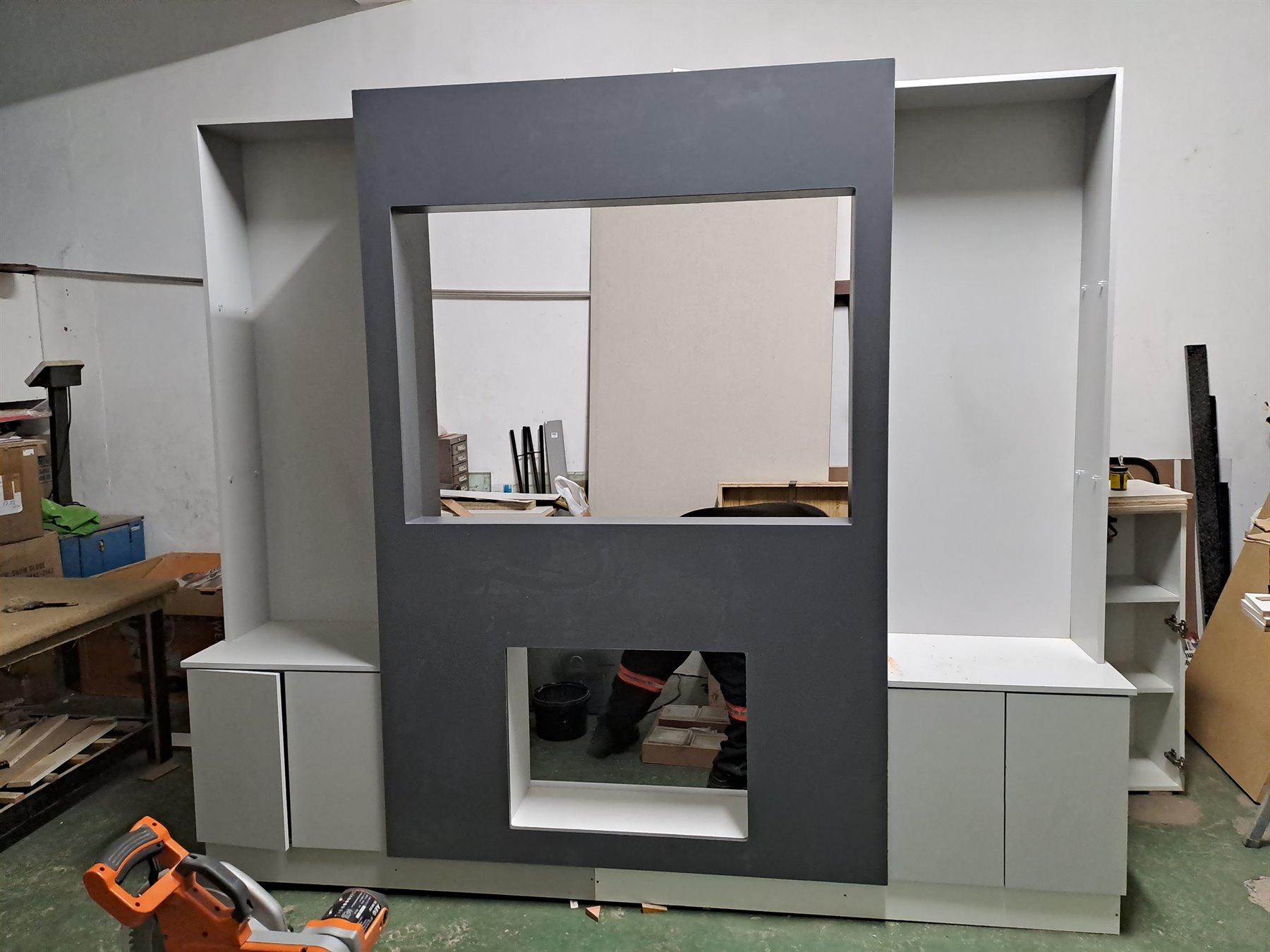 TV feature wall being built in the workshop