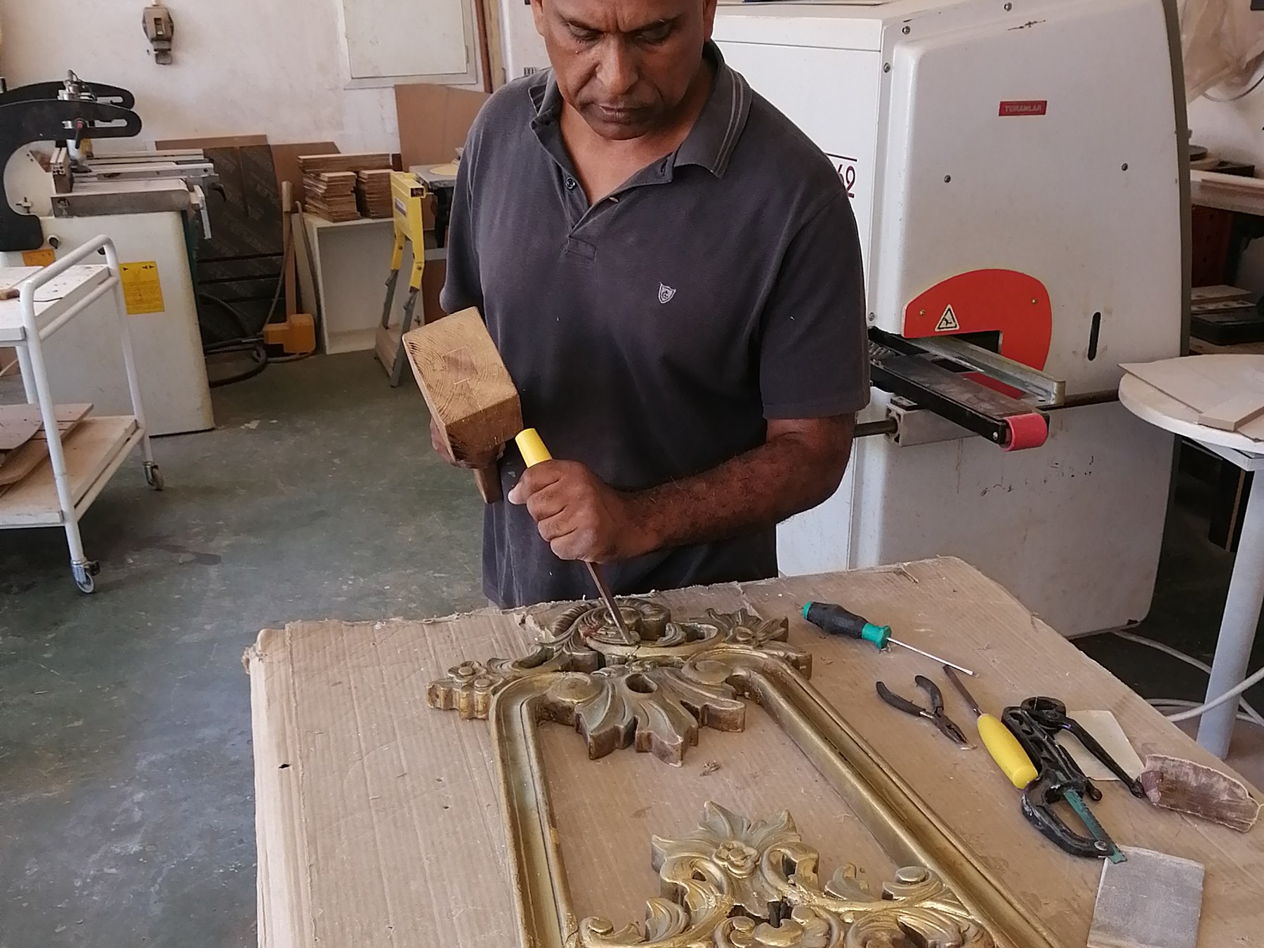 Furniture repair or refurbishment work in progress